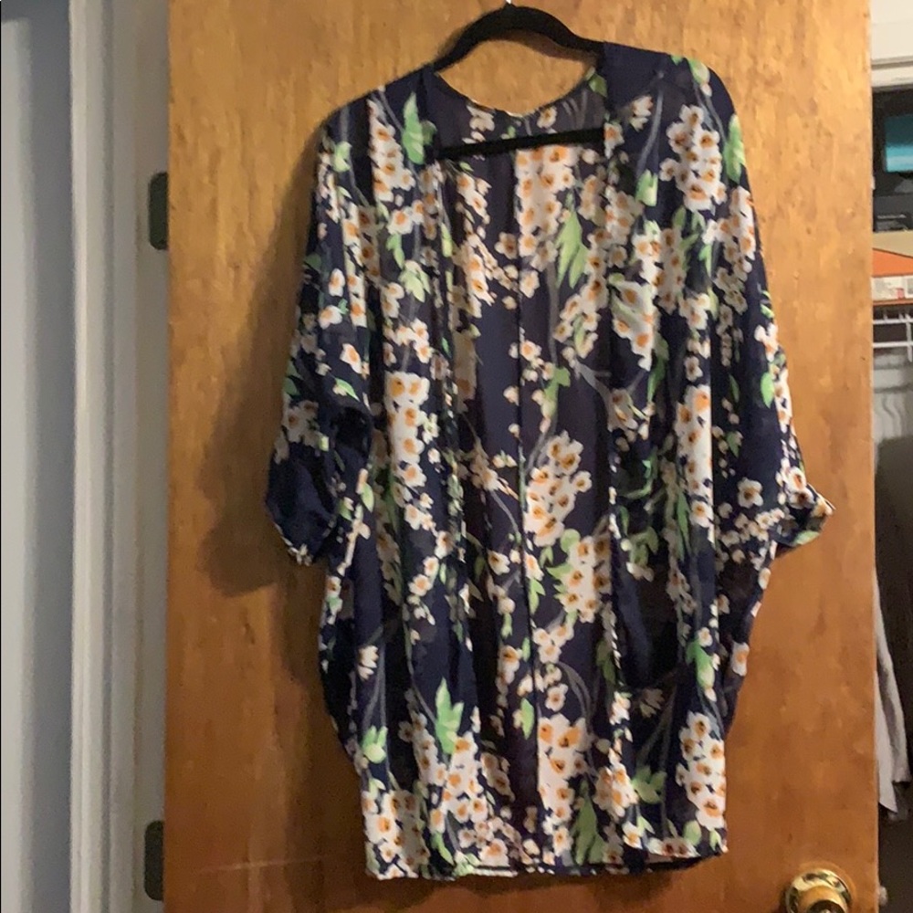 Sheer navy blue and floral kimono